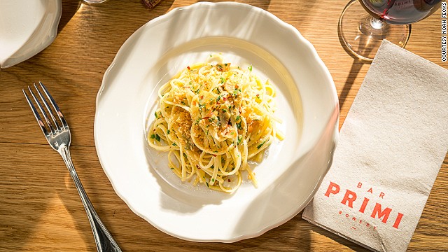 Manhattan Italian restaurant Bar Primi's linguini with four cloves of garlic and breadcrumbs. 