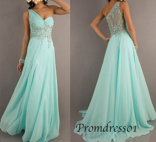 qpromdress: Ice-blue one shoulder chiffon prom dress