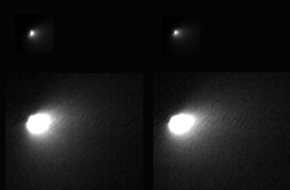 The High Resolution Imaging Science Experiment (HiRISE) camera on NASA's Mars Reconnaissance Orbiter captured views of comet C/2013 A1 Siding Spring while that visitor sped past Mars. The images are the highest-resolution views ever acquired of a comet coming from the Oort Cloud at the fringes of the solar system (or possible interstellar comet). The comet's nucleus turned out to be tiny, barely 400 meters wide. The two sets of images were taken nine minutes apart. Top set the actual nucleus, bottom set including the inner coma. Image via NASA/JPL-Caltech/University of Arizona. HiRISE.