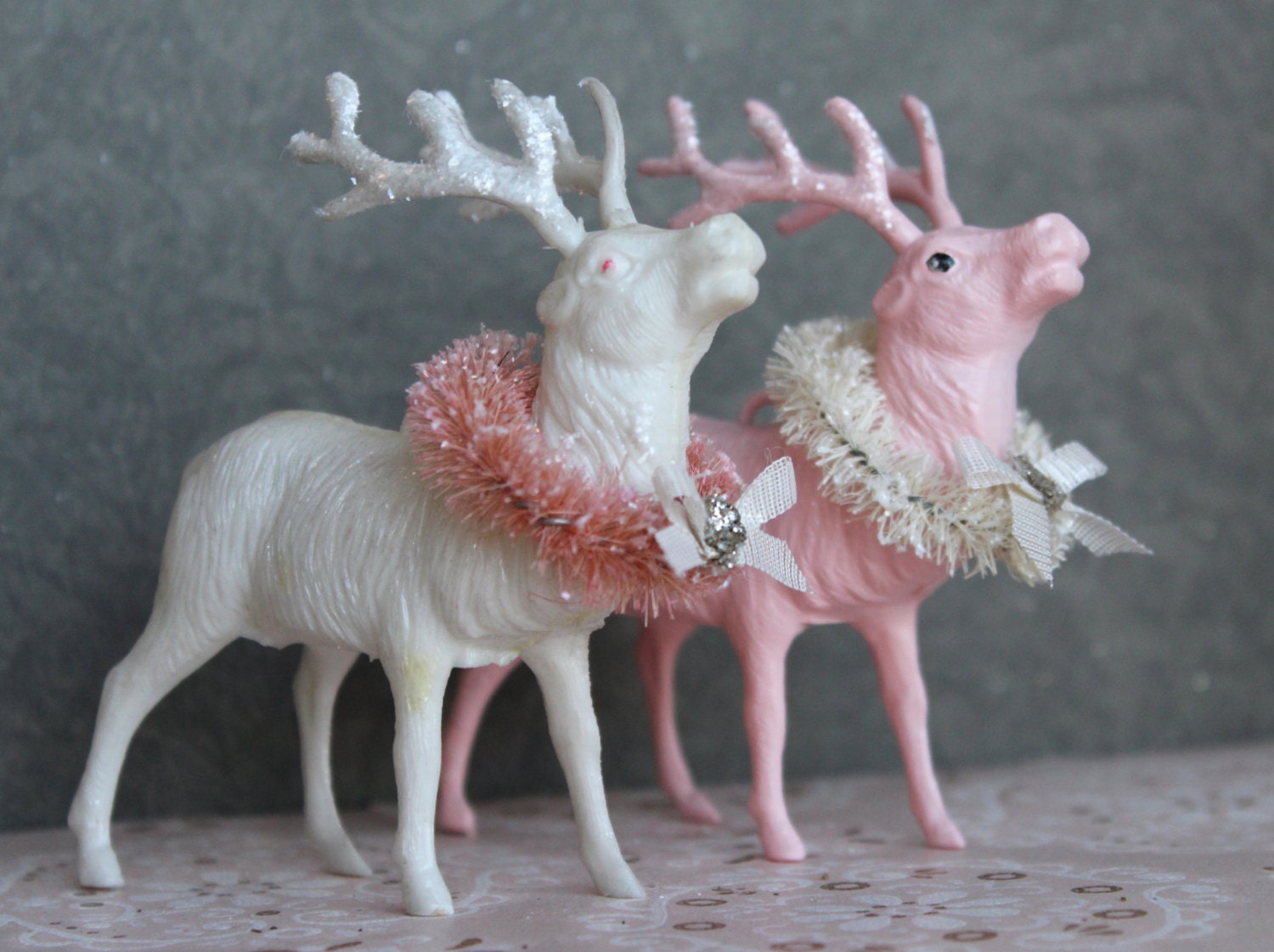 2 Pink Holiday Reindeer Decorations with Cream Wreaths - 1950s Retro Vintage Style Deer Ornament