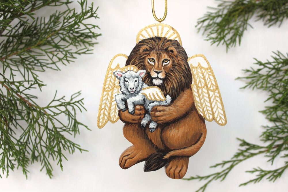 Lion and Lamb Angels Ornament - Painted Handmade Wood Christmas Tree Decoration - Original Animal Angel Design