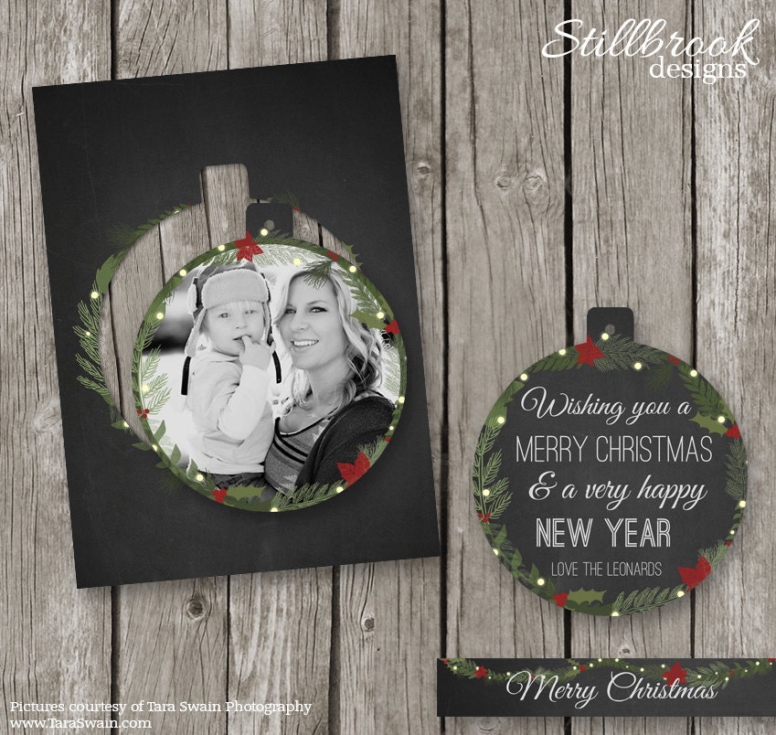Luxe Pop Christmas Card Template - Christmas Wreath - Chalkboard Christmas Photo Card - Ornament Card for Photographers - CC21