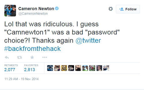 Cam Newton of the Carolina Panthers Revealed His Terrible Twitter Password After Getting Hacked