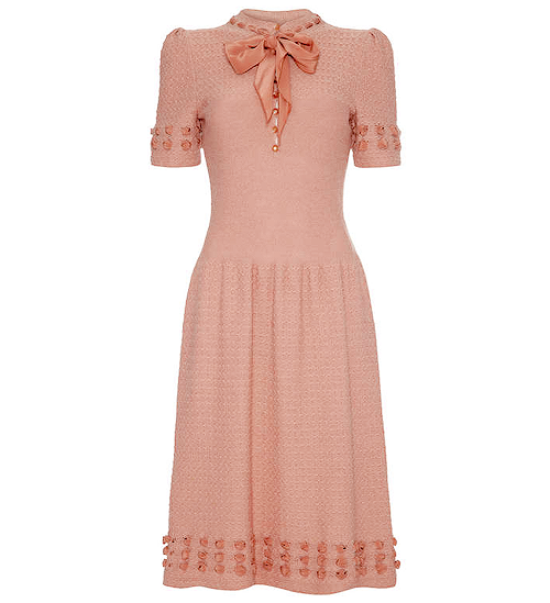 1950s Pink taupe knitted dress with ribbon detail (via)