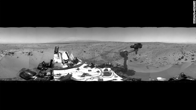 This 360-degree panorama shows the area where the rover will spend about three weeks collecting scoopfuls of soil for examination. The photo comprises images taken from the rover's navigation camera on October 5, 2012.