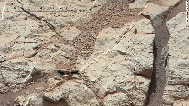 Mars once had conditions favorable for microbial life, NASA scientists announced on March 12, 2013. One piece of evidence for that conclusion comes from this area of the Martian surface, nicknamed "Sheepbed." It shows veins of sediments that scientist believe were deposited under water and was an environment once hospitable to life. 
