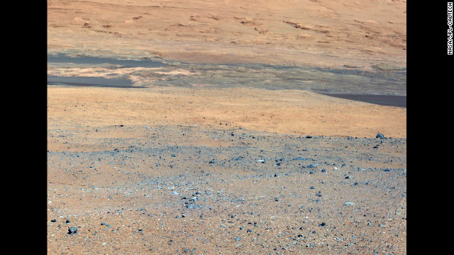 This image, taken from the rover's mast camera, looks south of the landing site toward Mount Sharp. 