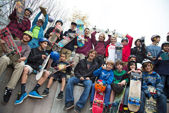 Mullen hangs out with local kids at the skate park in Camden, Maine, during the annual PopTech ideas gathering.