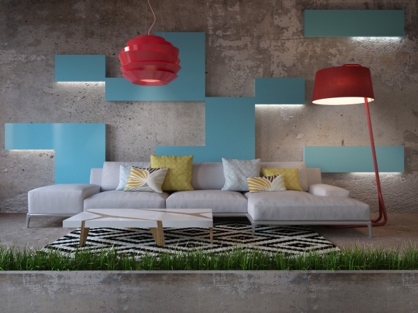 The second space comes from visualizer Dmitriy Yemelianeko and Architect/Designer Angelina Stelmakh. Here, the concrete elements exist playfully with bright colors and other industrial materials - namely plastic.