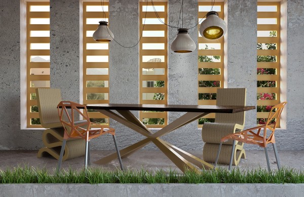 A dining space with slatted windows again shows how beautiful natural wood can contrast with unfinished concrete while creative patio chairs call to mind the ribbon candy of childhood.