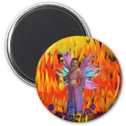 Standing Fairy in a field of flames with flowers 2 Inch Round Magnet