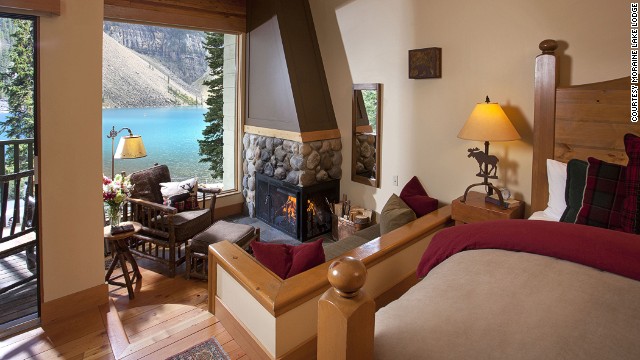 Guests at the Moraine Lake Lodge in Canada's Banff National Park enjoy the Rocky Mountains and glacial blue lake from private balconies. 