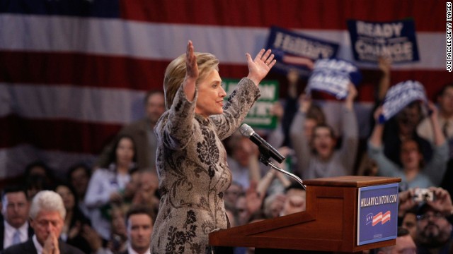 Clinton speaks during a post-primary rally on January 8, 2007, at Southern New Hampshire University in Manchester, New Hampshire.