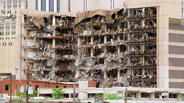 The north side of the Alfred P. Murrah Federal Building in Oklahoma City shows the devastation caused by a fuel-and fertilizer truck bomb detonated on April 19, 1995. At the time, it was the worst terror attack on U.S. soil, killing 168 people.