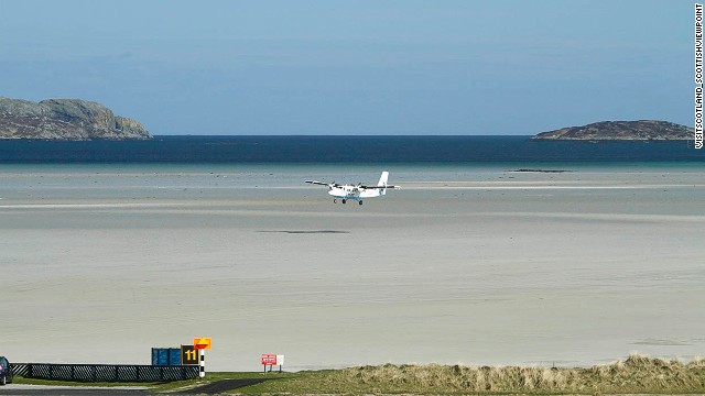 The only airport in the world with scheduled runways landing on a beach, Barra's runway is submerged at high tide.