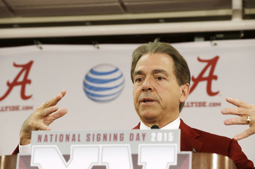 Alabama head coach Nick Saban speaks to the media on national signing day. Wednesday, Feb. 4, 2015, in Tuscaloosa, Ala. (AP Photo/Brynn Anderson)