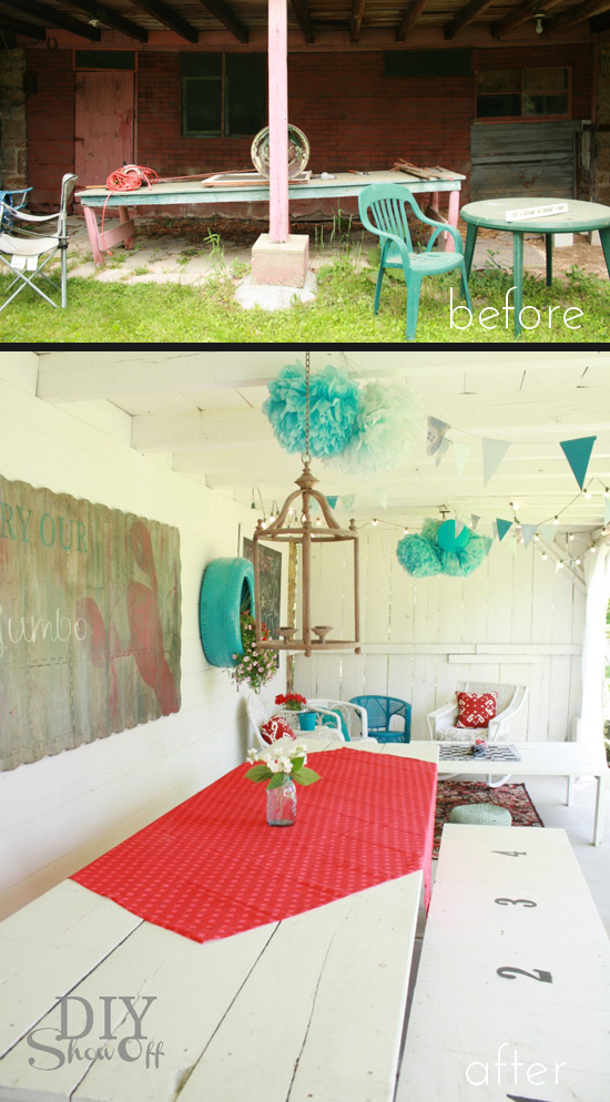 This covered patio transformation is pretty amazing, from DIY Show Off. 