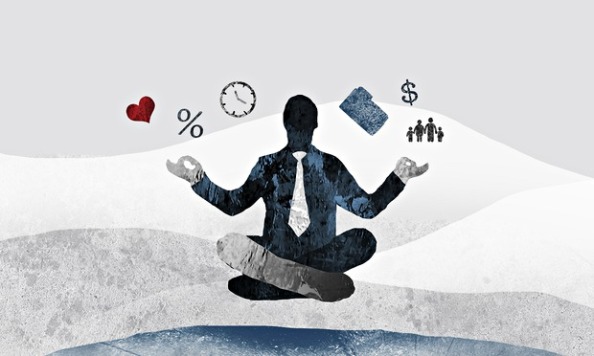 Silhouette of businessman in lotus position surrounded by work, love and finance worries