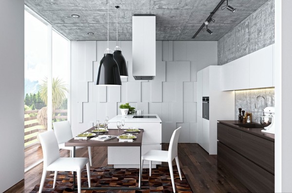 In the kitchen and dining room, concrete gives way to glorious white, using a creative textured pattern on one wall for a subtle accent.