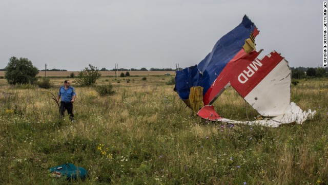 A police officer searches for human remains near the wreckage of Malaysia Airlines Flight 17 on July 18 in Grabovka, Ukraine.