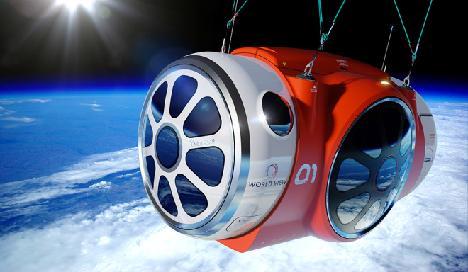 This artist's rendering provided by World View Enterprises on Tuesday, Oct. 22, 2013 shows their design for a capsule lifted by a high-altitude balloon up 19 miles into the air for tourists. 