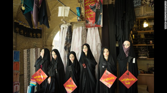 Traditional black chadors are sold at a bazaar in Isfahan.