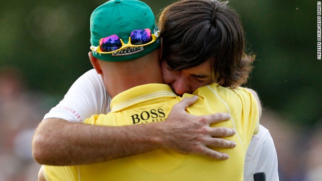 Bubba Watson, the 2012 U.S. Masters champion, embraced fellow Bible group member Ben Crane after winning at Augusta. Both men have been an integral part of the fellowship which meets weekly on Tour.