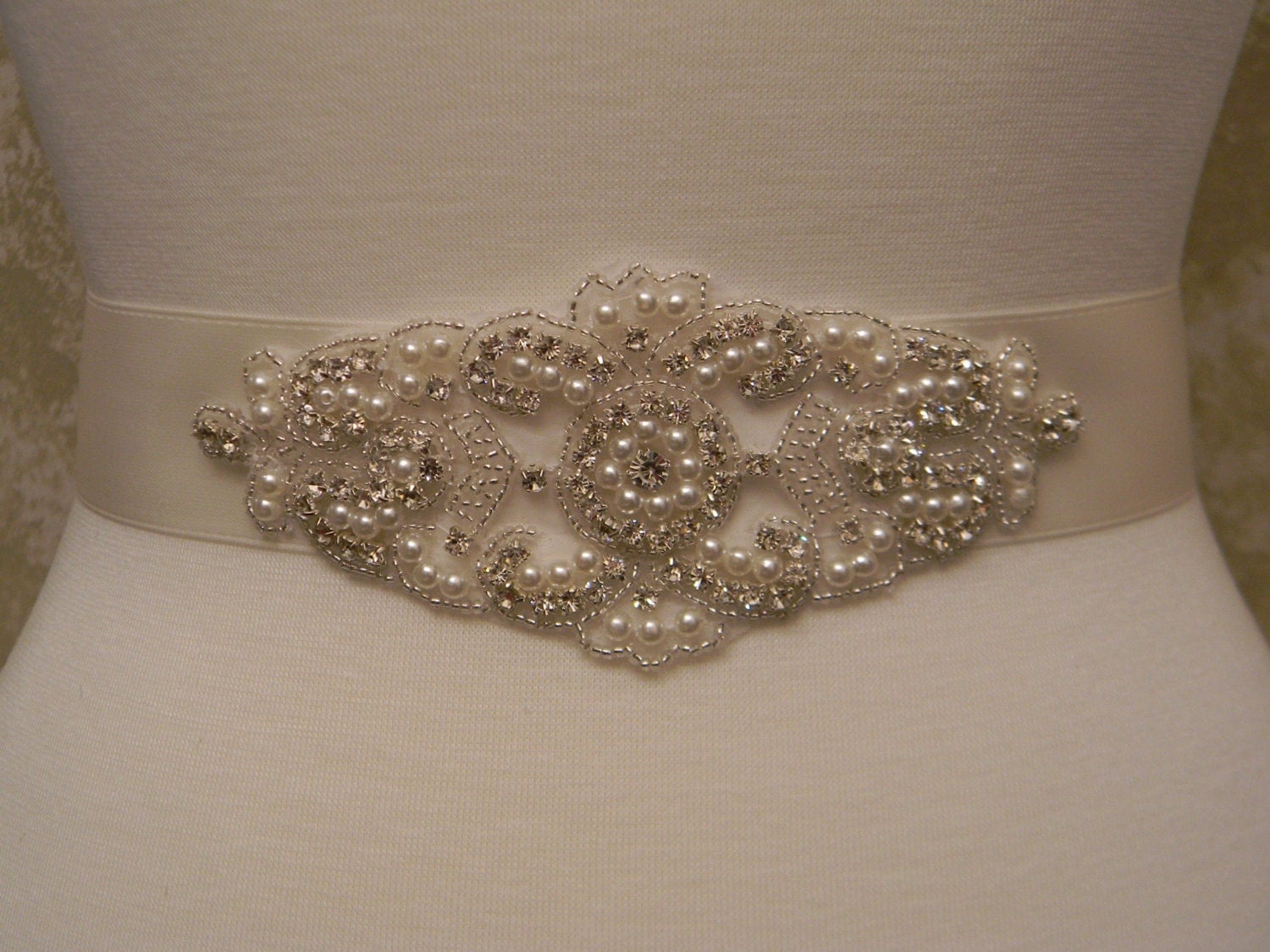 Pearl Bridal Sash - Wedding Dress Belt - Vintage Inspired Pearl Rhinestone Bridal Sash - Beaded Sash - Champagne Pearl Sash - SATIN SOFIA