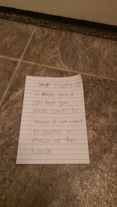 wife passes notes under the door saying stop pooping