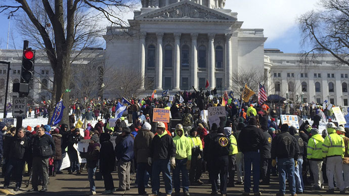 Hundreds of union members rally outside the State Capitol building in Madison, Wisconsin February 24, 2015. (Reuters/Brendan O'Brien)