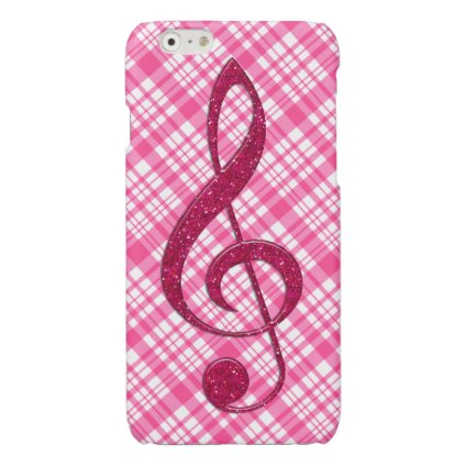 Hot Pink Glitter Treble Clef on Pink Plaid Glossy iPhone 6 Case