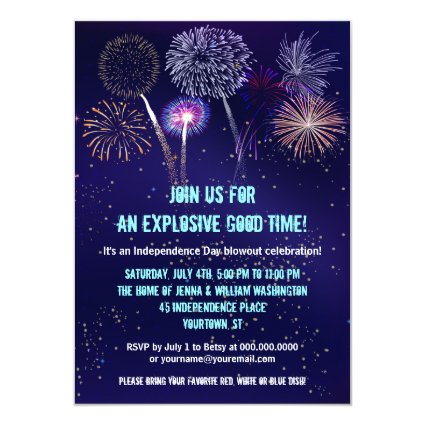 Night Sky Fireworks 4th of July Party 4.5x6.25 Paper Invitation Card