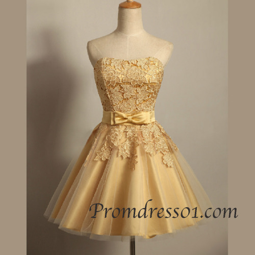 qwedding: 2015 golden lace tulle short prom dress