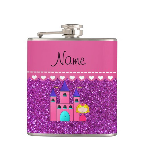 Custom name princess castle neon purple glitter flask