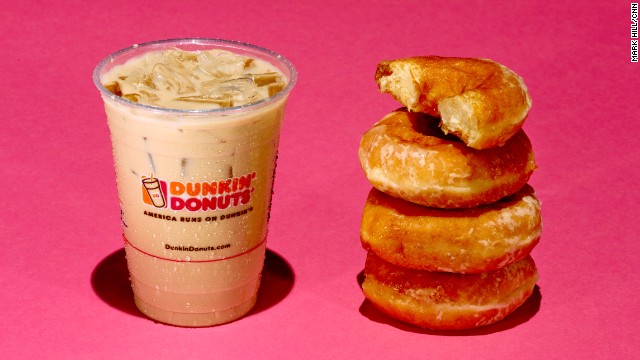 Iced coffee: Dunkin Donuts Iced Caramel Latte. A 16-ounce Dunkin Donuts Iced Caramel Latte has 37 grams of sugar. Each Krispy Kreme donut has about 11 grams of sugar. 