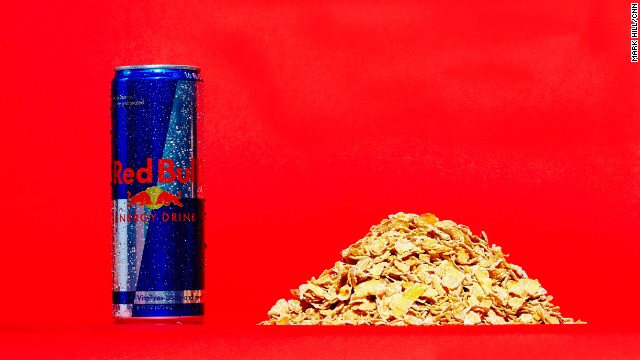 Energy drink: Red Bull. Three-quarters of a cup of generic brand frosted flakes contains about 11 grams of sugar. This 16-ounce can of Red Bull has 52 grams of sugar. 