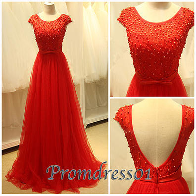 2015 red backless cap sleeves long prom dress with pearl