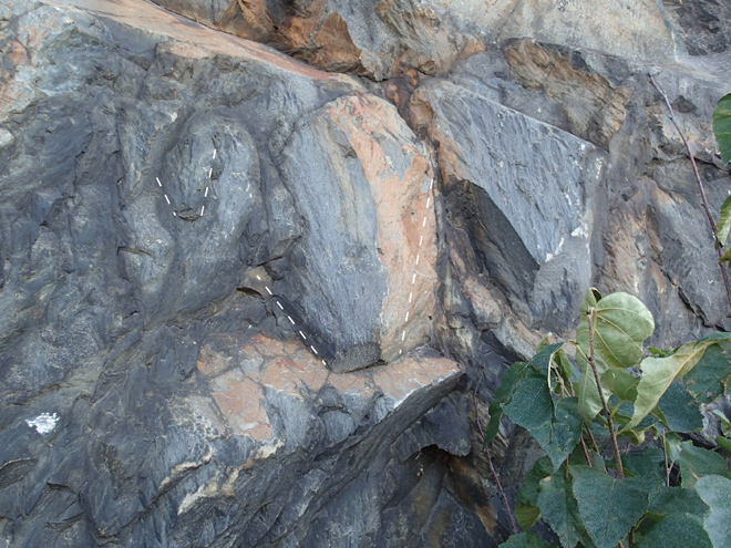 Shatter cones found in the rocks surrounding the Sudbury impact structure. I've added some lines to help see the cones in this image. Photo by Erik Klemetti