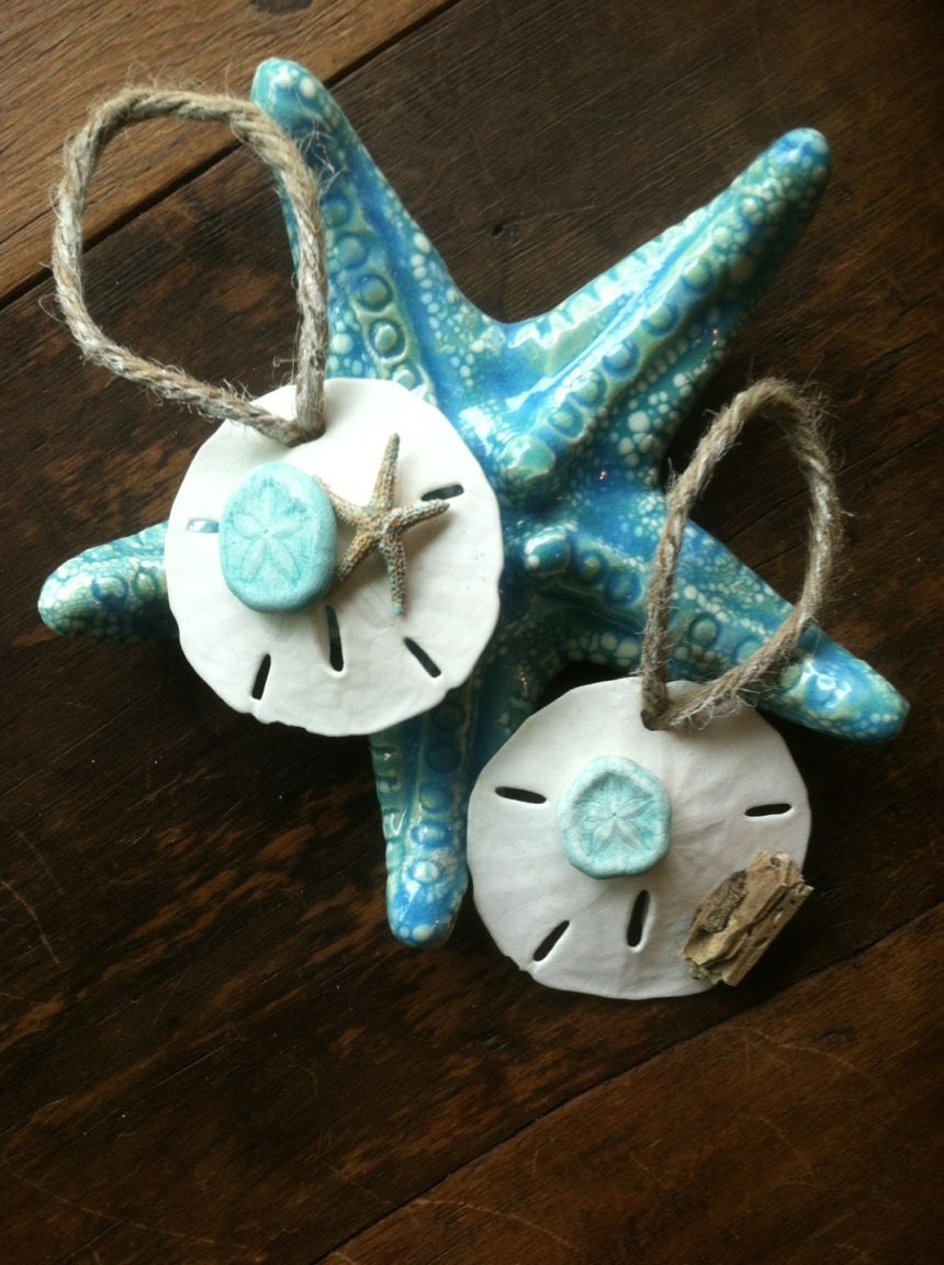 Pair Handmade Starfish and Sand Dollar Shabby Cottagel Tree Ornament Decoration