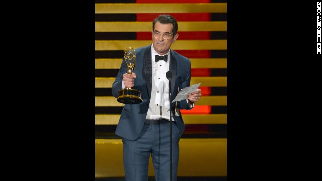 "Modern Family's" Ty Burrell won the first award of the night, and accepted his Emmy for outstanding supporting actor in a comedy with a speech supposedly written by his kid co-stars. "I also want to thank my two children that I bring to set sometimes," Burrell read from his mock (or so we assume) speech. "They are definitely cute. They are just not 'I can support my whole family' cute."