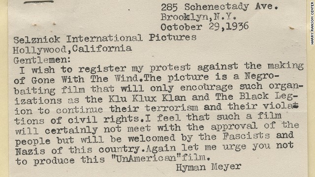 An October 1936 letter from a Brooklyn, New York, man urged Selznick not to make "a Negro-baiting film" that would encourage groups such as the Ku Klux Klan. The depiction of African-Americans and treatment of Reconstruction in the novel made the film production controversial from the beginning. Selznick wanted to remain faithful to the book, but he dropped the N-word from the movie's script as well as references to the Klan.
