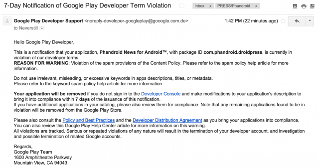 Google Play Violation phishing scam