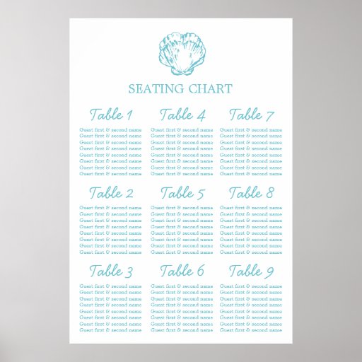 Aqua clam shell Wedding Seating Table Planner 1-9 Poster