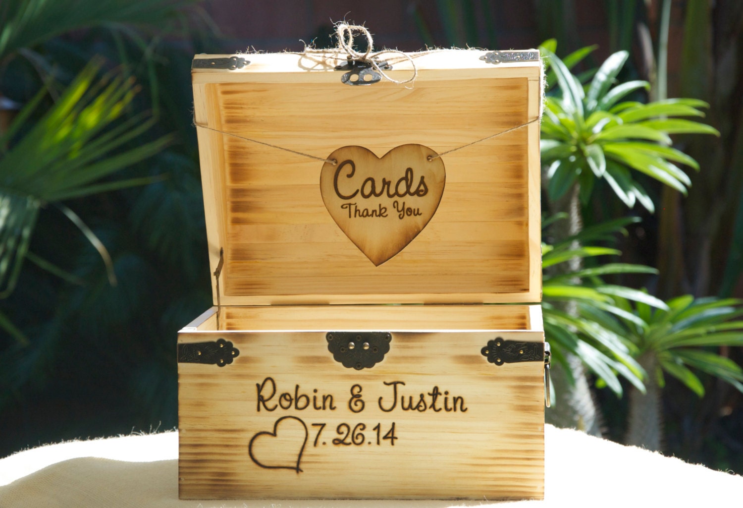 Large Rustic Wedding Card Box - Treasure Chest - Burned/Engraved - Personalized Rustic Card Box - Torched and hand Burned/Engraved