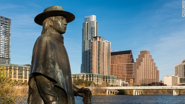 This area west of Austin and north of San Antonio known as Texas Hill Country boasts rugged hills, wineries, great barbecue and lively cowboy towns. Start your journey in Austin, the happening Texas capital with a thriving live-music scene. This statue, with downtown Austin in the background, honors blues musician and Texas blues legend Stevie Ray Vaughan. 