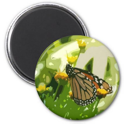 Monarch butterfly on a green and yellow plant fridge magnets