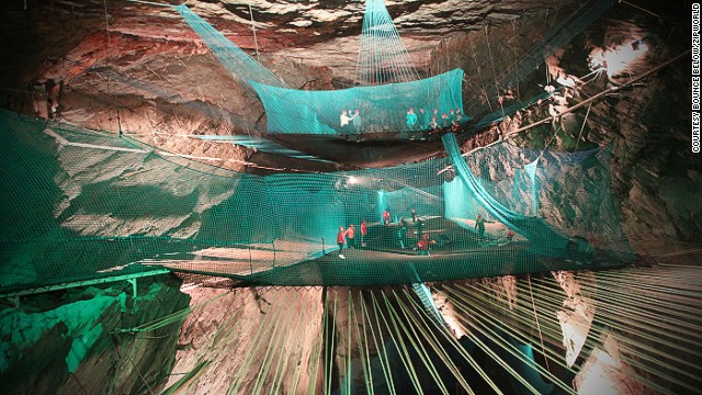 Bounce Below in Wales makes brilliant use of the old disused Llechwedd slate mine near Blaenau Ffestiniog with the installation of giant trampolines.