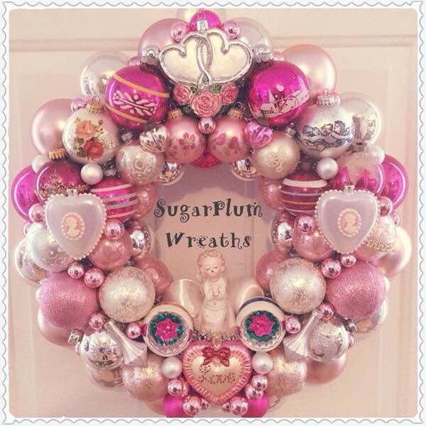 Chic Pink Valentine's Vintage Ornament Wreath ~ Large 21" Indents, Shiny Brite, Kissing Angel OOAK!