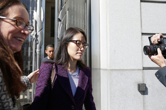 Ellen Pao leaves the Civic Center Courthouse along with her attorney, Therese Lawless, left, during a lunch break in her trial Tuesday, Feb. 24, 2015, in San Francisco.