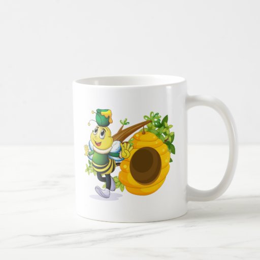 A bee with a pot above its head near the beehive classic white coffee mug